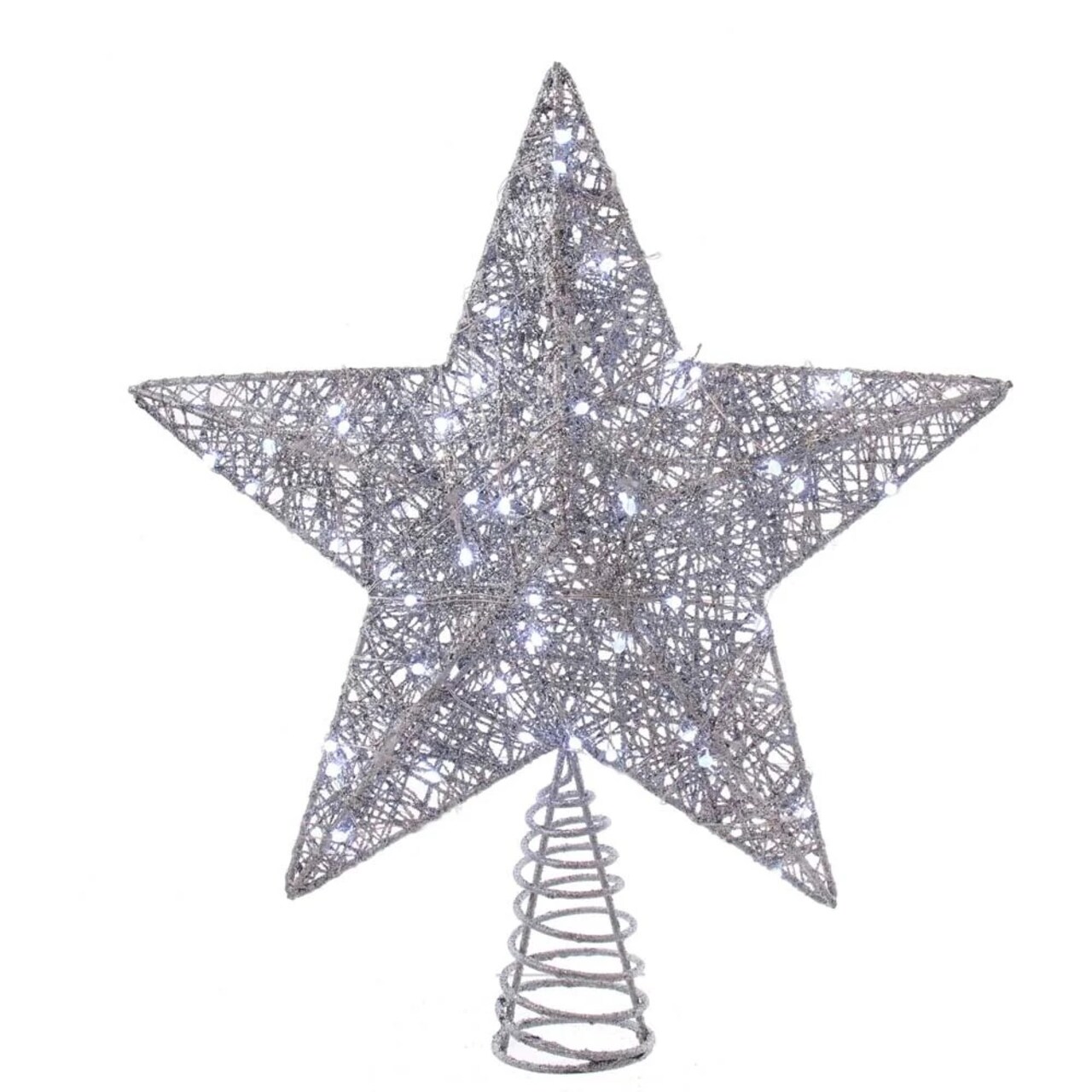 KSA 15.5" Lighted LED Silver Glittered Star Christmas Tree Topper, Cool White Lights